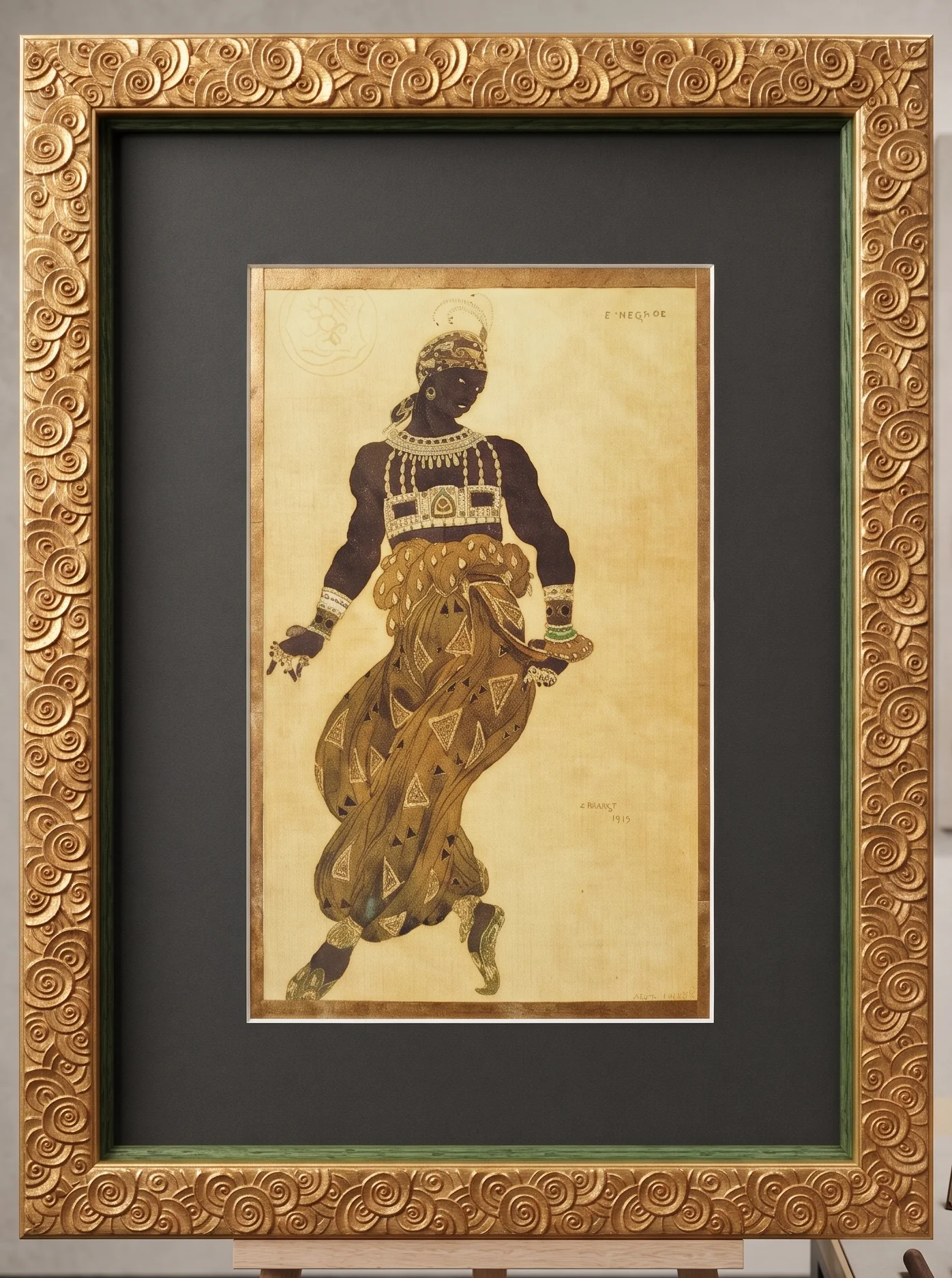 Dessin orientalisant d'après Léon Bakst, dans un cadre doré sculpté à motifs en spirales, sur fond de mat noir