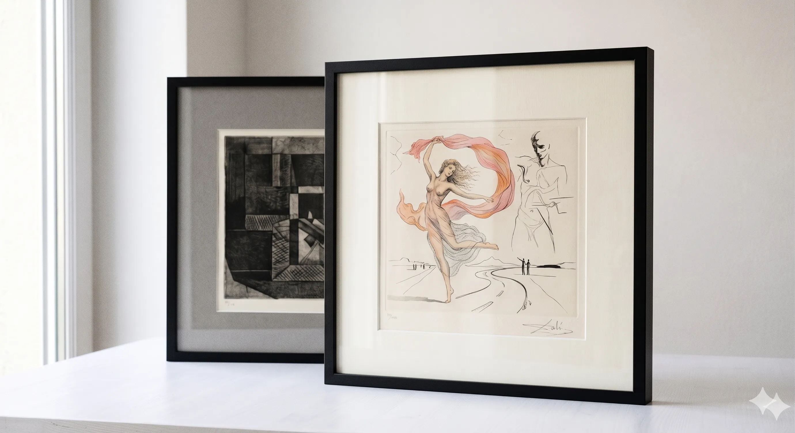 Encadrement sous verre, cadre noir avec passe-partout, gravure de Dalí