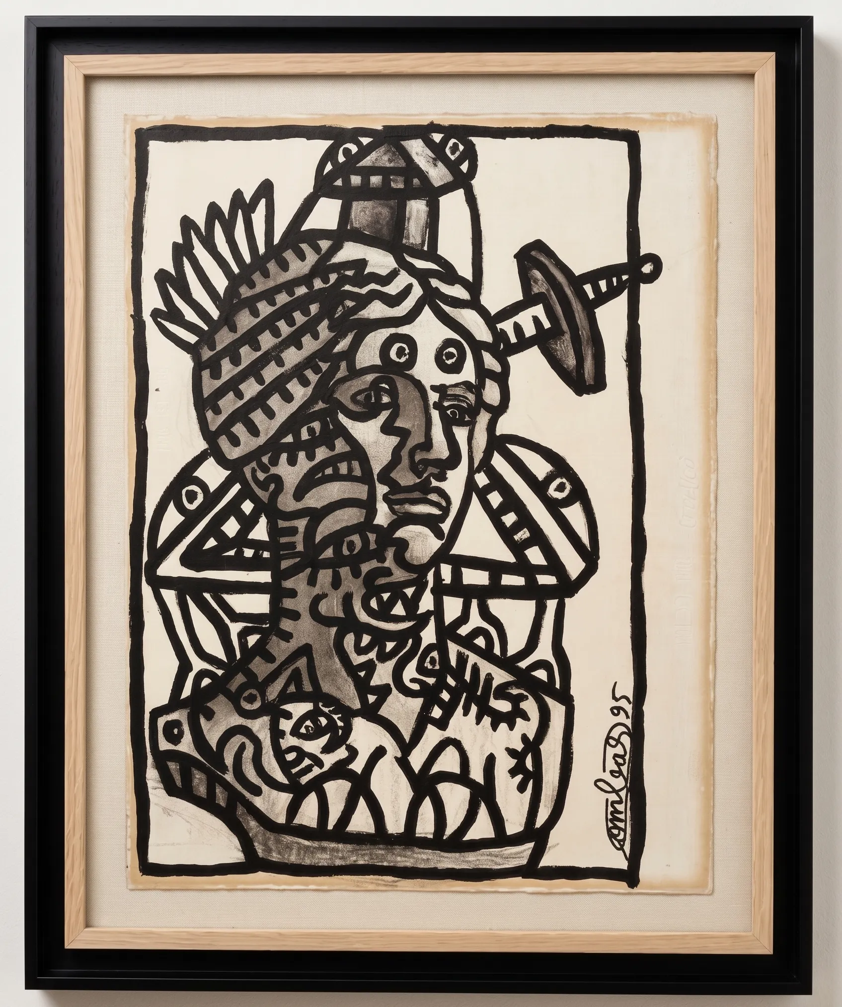 Œuvre figurative de Robert Combas (1995) à l'encre noire sur papier, encadrée dans un cadre en bois clair bordé d'un cadre noir