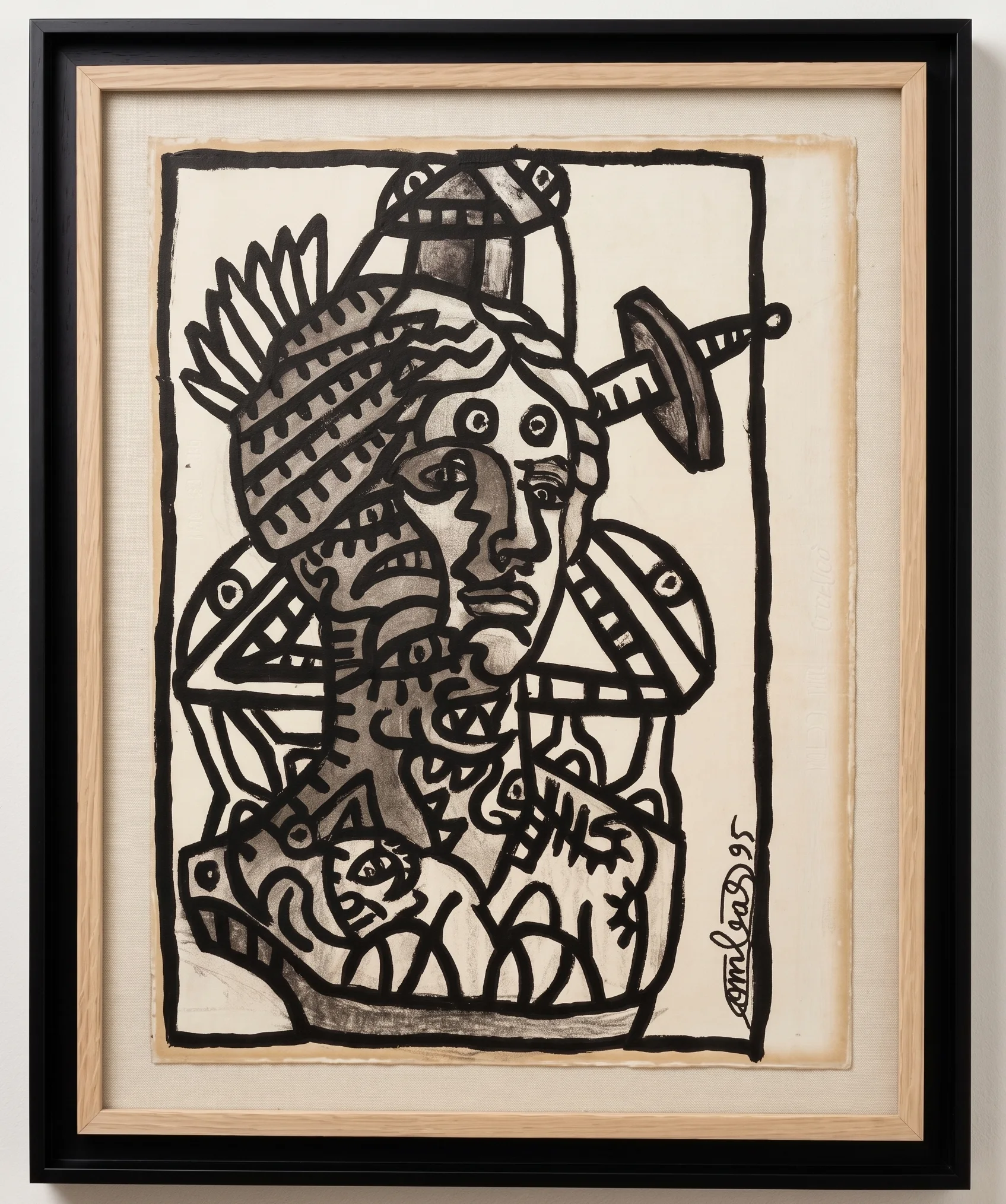 Œuvre figurative de Robert Combas (1995) à l'encre noire sur papier, encadrée dans un cadre en bois clair bordé d'un cadre noir
