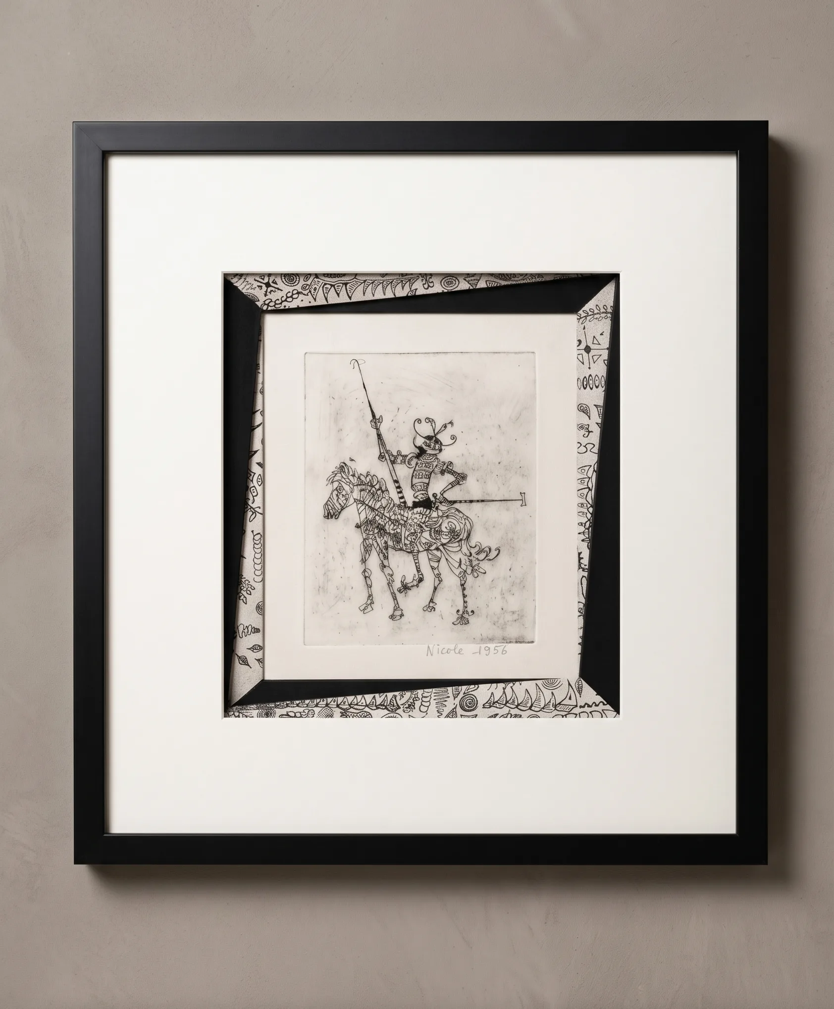 Gravure de Don Quichotte sous verre, passe-partout perroquet dans un cadre noir