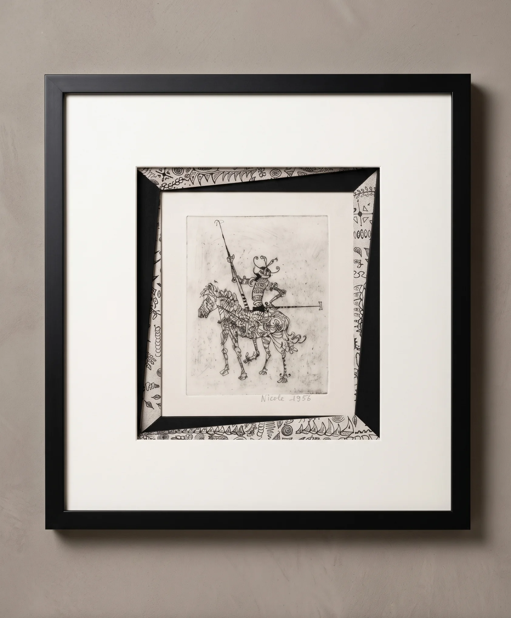 Gravure de Don Quichotte à cheval, dans un cadre noir avec passe-partout « perroquet » : découpes et pliages successifs en biseau trapèze