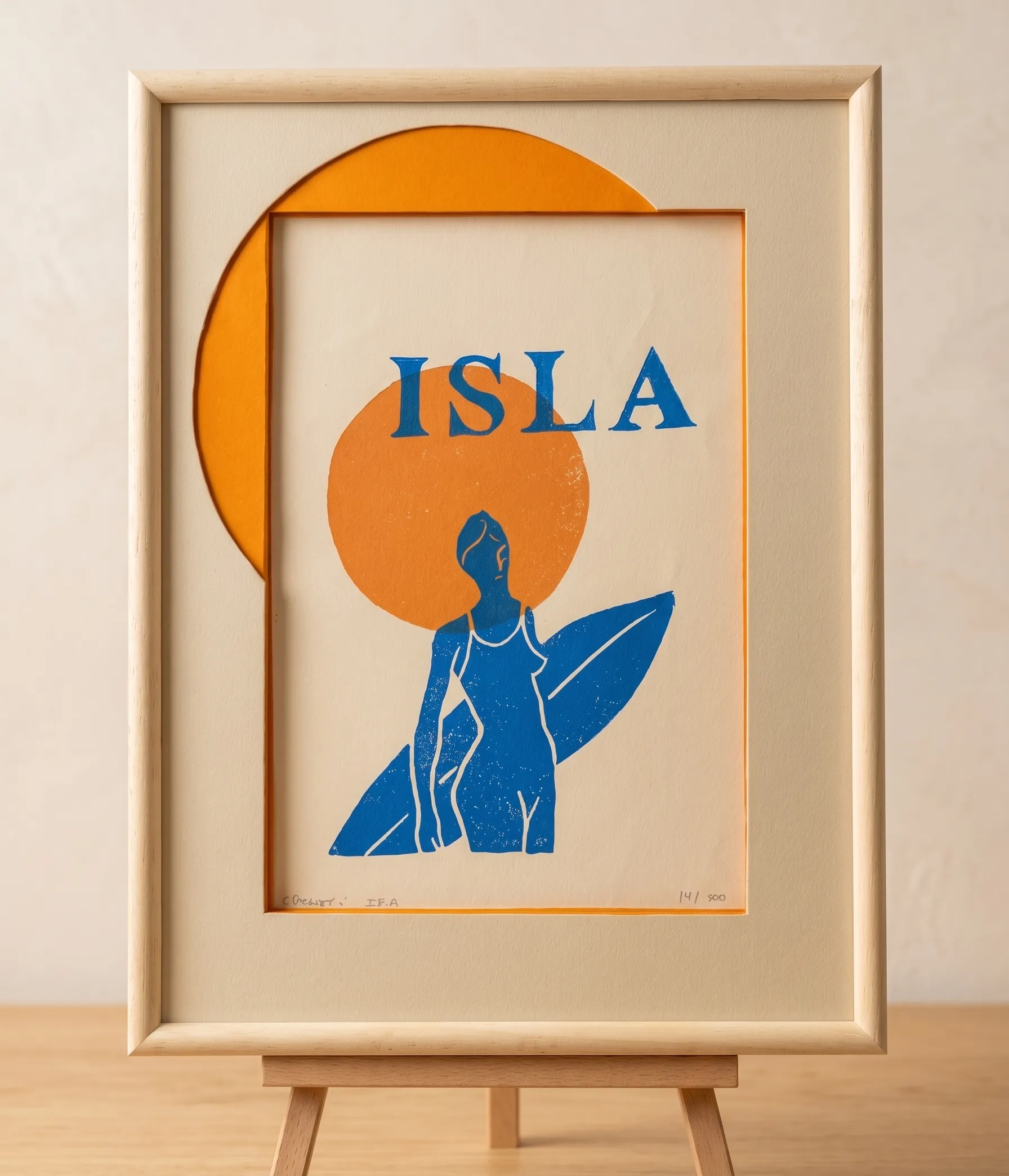 Sérigraphie « Isla » encadrée dans un cadre en bois clair
