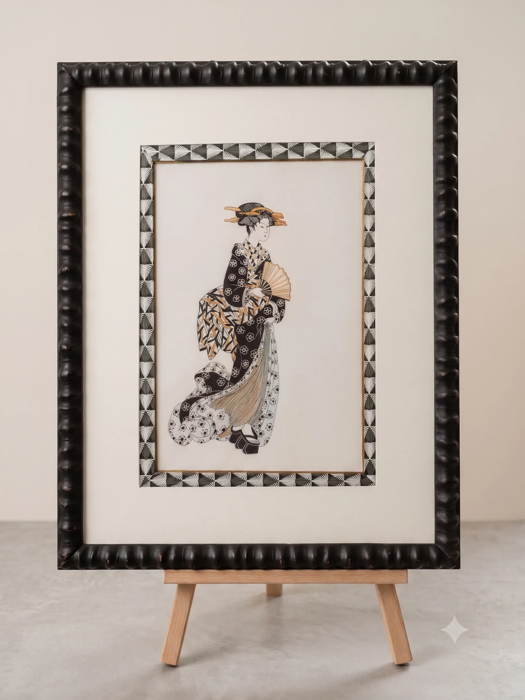 Estampe japonaise sur fond blanc, passe-partout blanc et filet à motifs, cadre noir sculpté