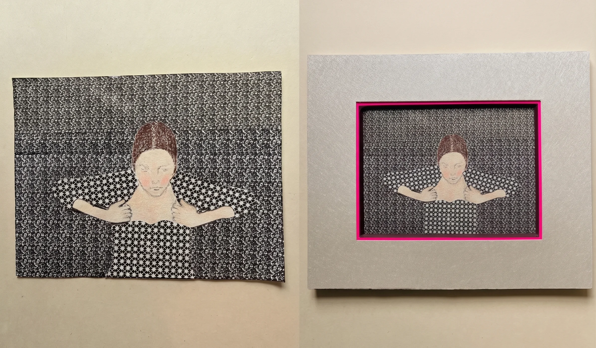 Comparaison côte à côte : le dessin original à gauche, l'œuvre encadrée avec sa marie-louise rose à droite