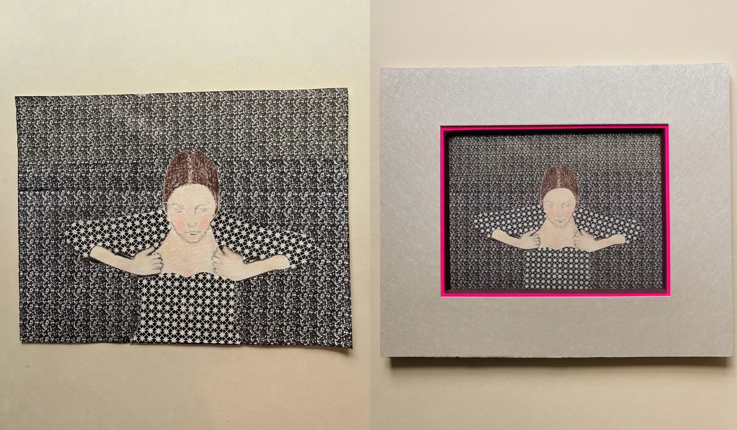 Comparaison côte à côte : le collage original à gauche, l'œuvre encadrée avec son filet rose fluo à droite