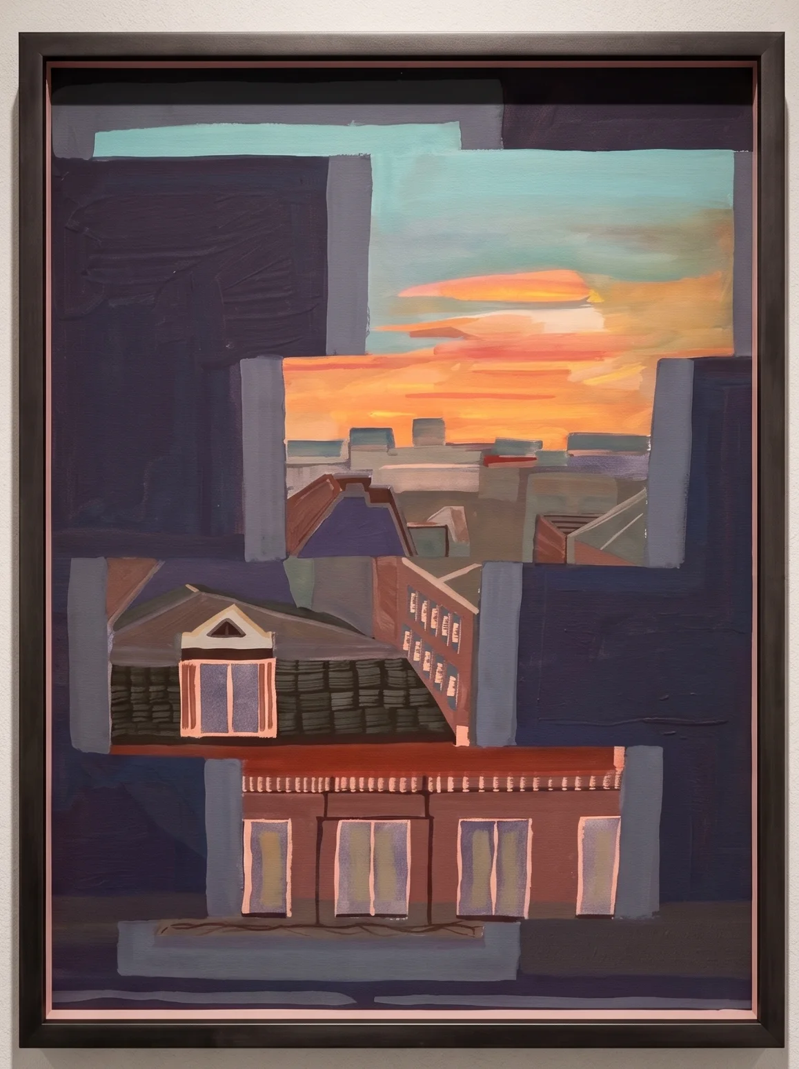 Peinture sur toile représentant les toits d'Amsterdam au coucher du soleil, aplats colorés en bleu nuit, rose et orange, encadrée avec hausses en bois peintes en rose et verre anti-reflets