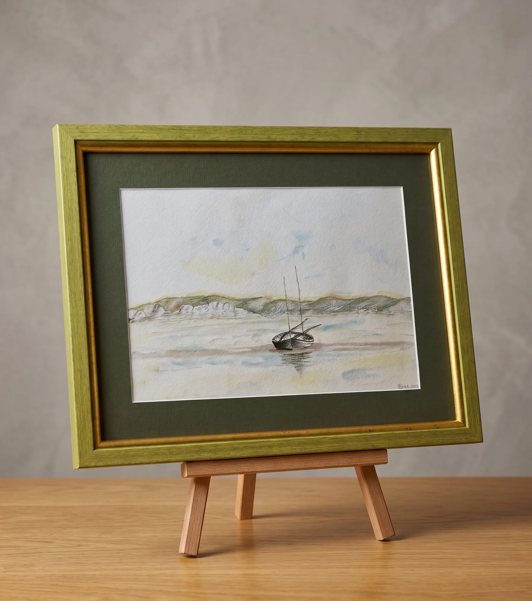 Aquarelle marine d'un bateau au mouillage, dans un cadre en bois vert tendre avec marie-louise vert profond