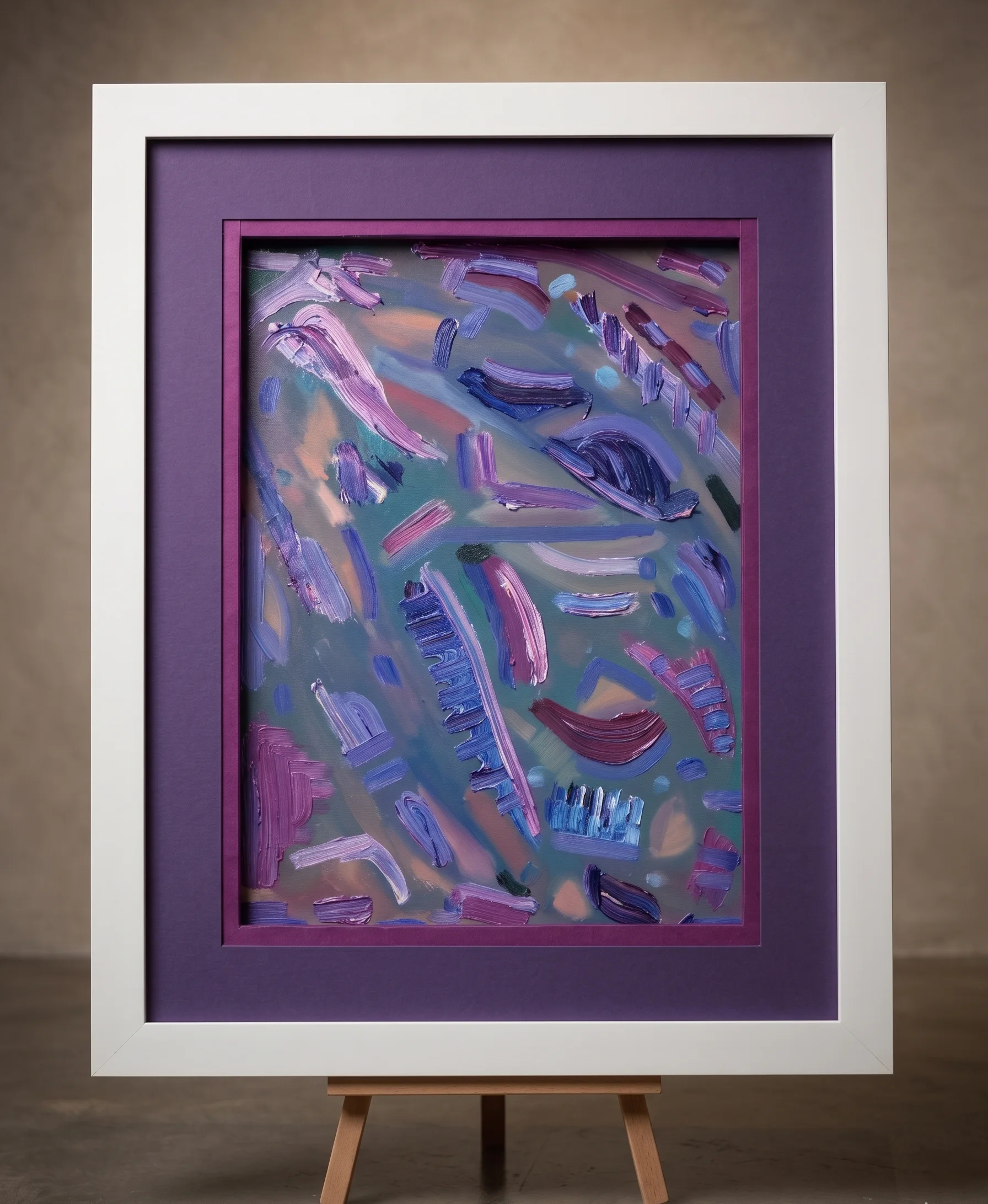 Peinture abstraite aux touches violettes, bleues et roses sur fond turquoise, encadrée avec un passe-partout violet et un cadre blanc