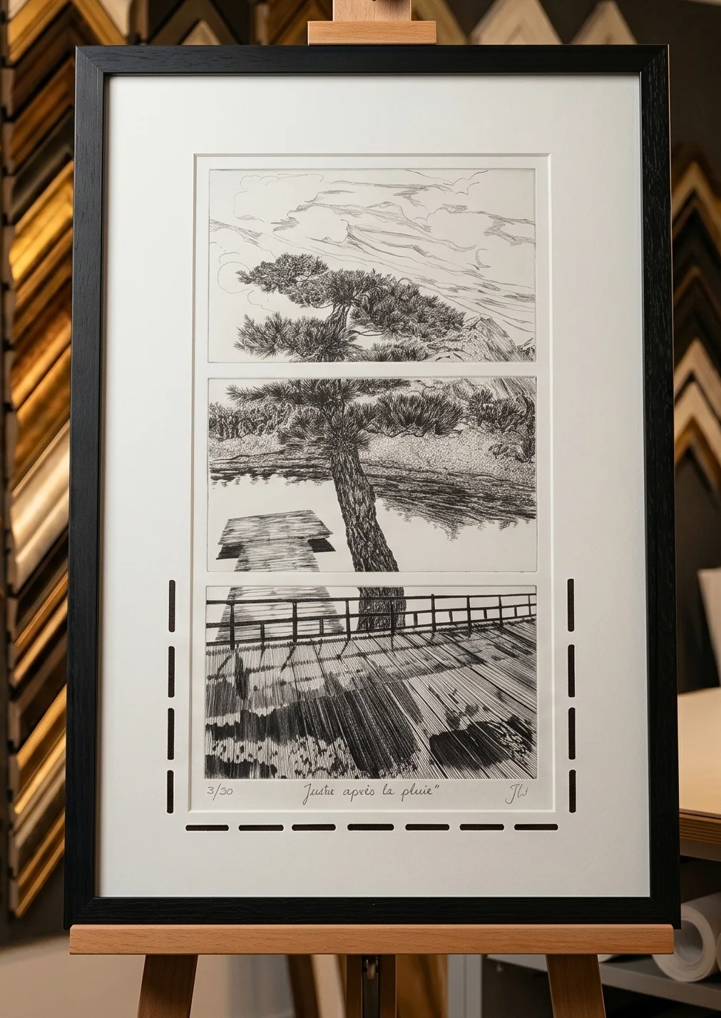Triptyque à l'encre noir et blanc « Juste après la pluie » dans un cadre noir, sur chevalet