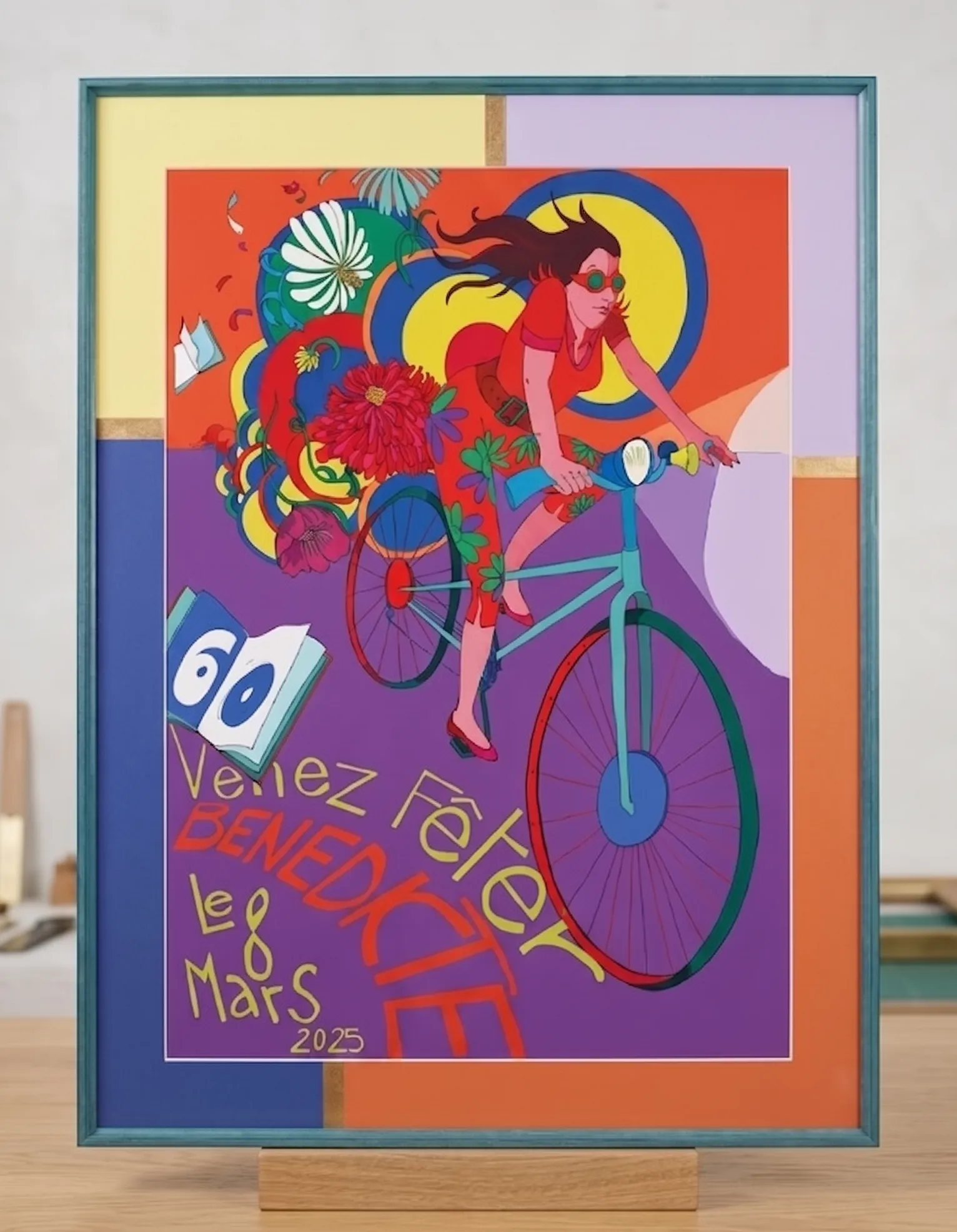 Affiche illustrée colorée d'une femme à vélo, texte « Venez Fêter Bénédicte le 8 mars 2025 », encadrée dans un cadre vert turquoise fin