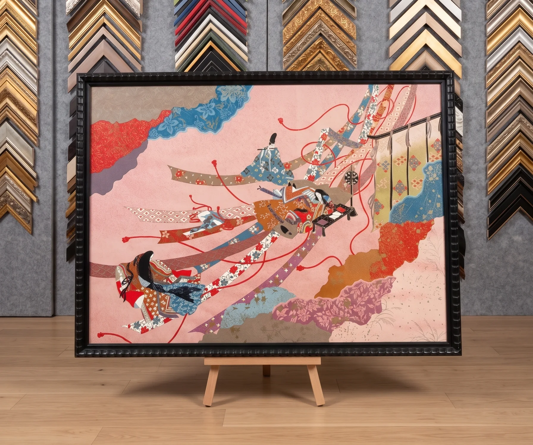 Grande tapisserie japonaise aux rubans colorés, encadrée dans une caisse noire profonde et sculptée