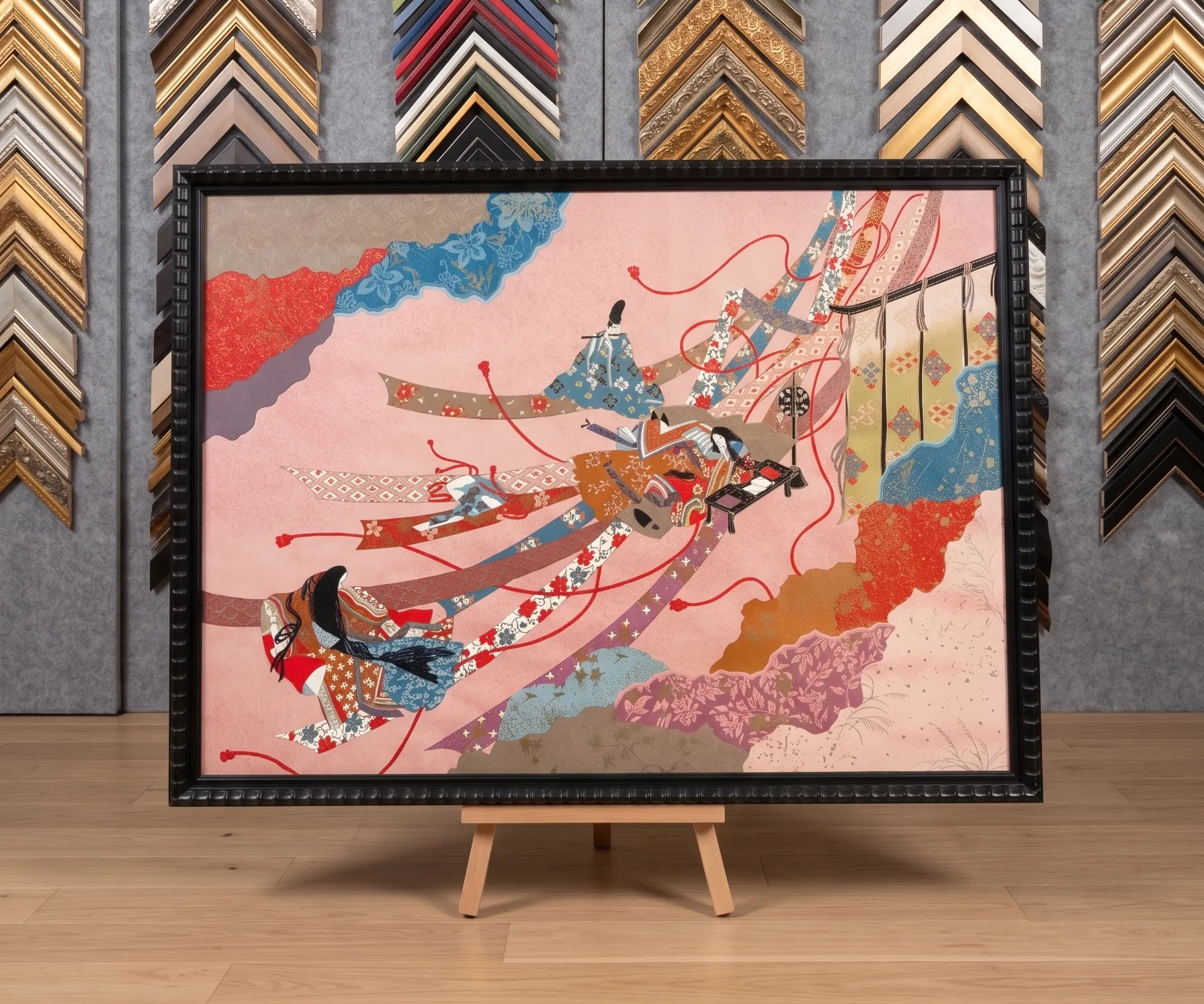 Grande tapisserie japonaise aux rubans colorés, encadrée dans deux baguettes noires assemblées