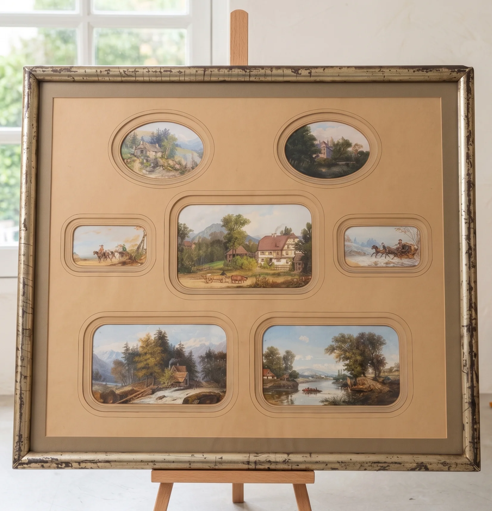 Sept petites peintures de paysages alpins, présentées ensemble dans un passe-partout multi-fenêtres et un cadre doré patiné, posé sur un chevalet