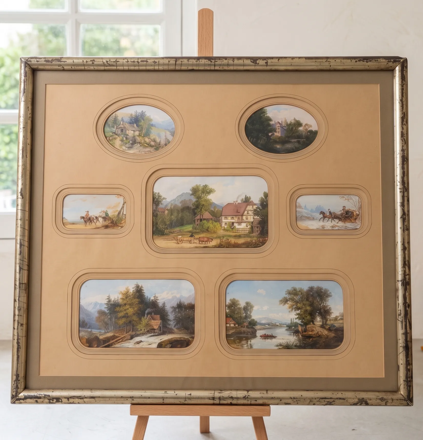 Sept petites peintures de paysages dans un passe-partout multi-fenêtres et un cadre doré patiné